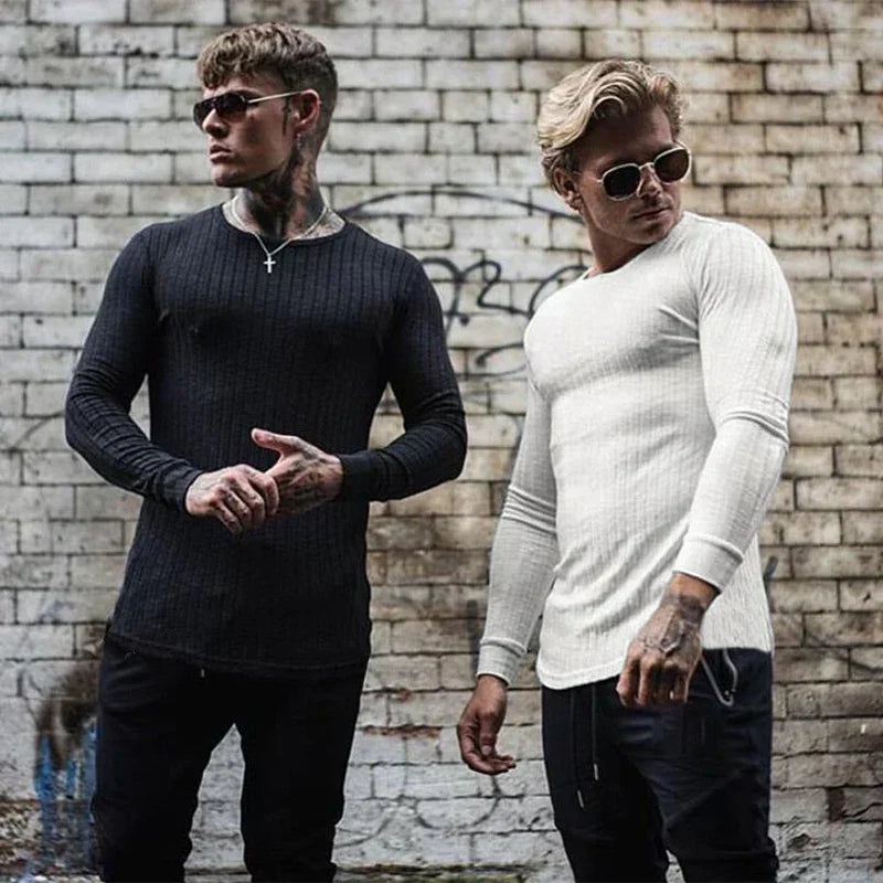 Men Sweatshirt | Fitted Crew Neck Knit Pullover Long Sleeve