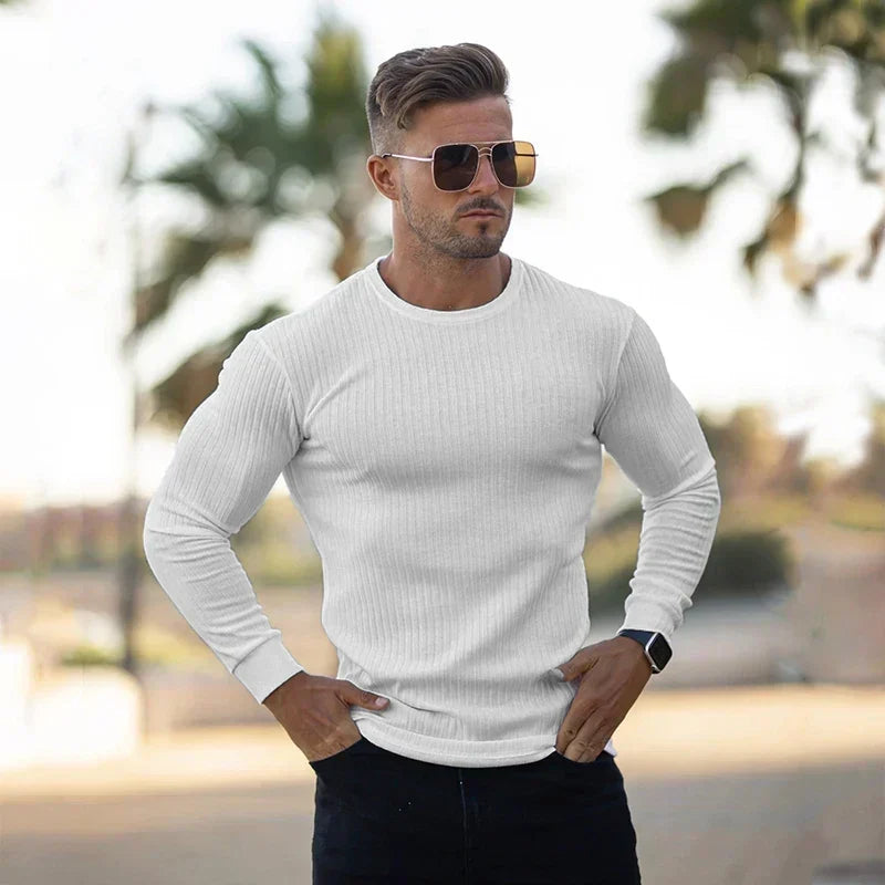 Men Sweatshirt | Fitted Crew Neck Knit Pullover Long Sleeve