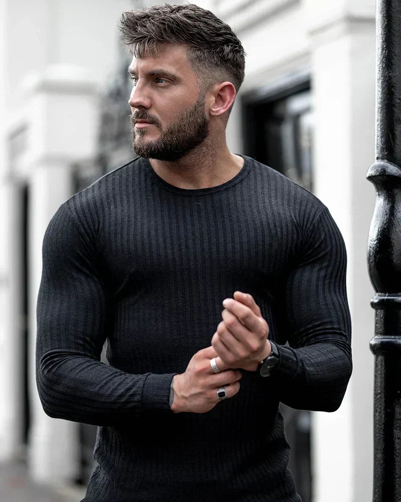 Men Sweatshirt | Fitted Crew Neck Knit Pullover Long Sleeve