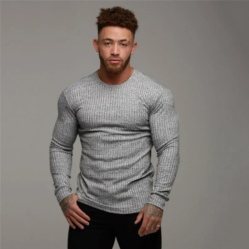 Men Sweatshirt | Fitted Crew Neck Knit Pullover Long Sleeve