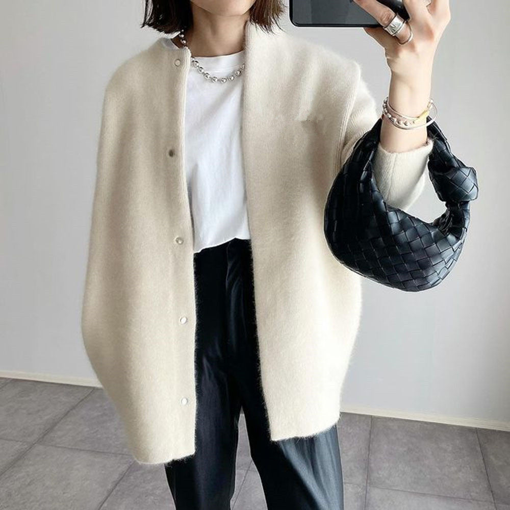 Women Cardigan | Loose Fit Round Neck with Front Pockets
