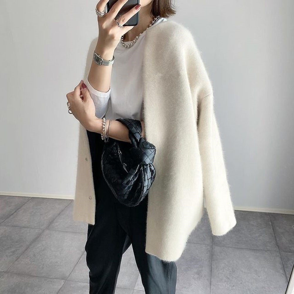 Women Cardigan | Loose Fit Round Neck with Front Pockets