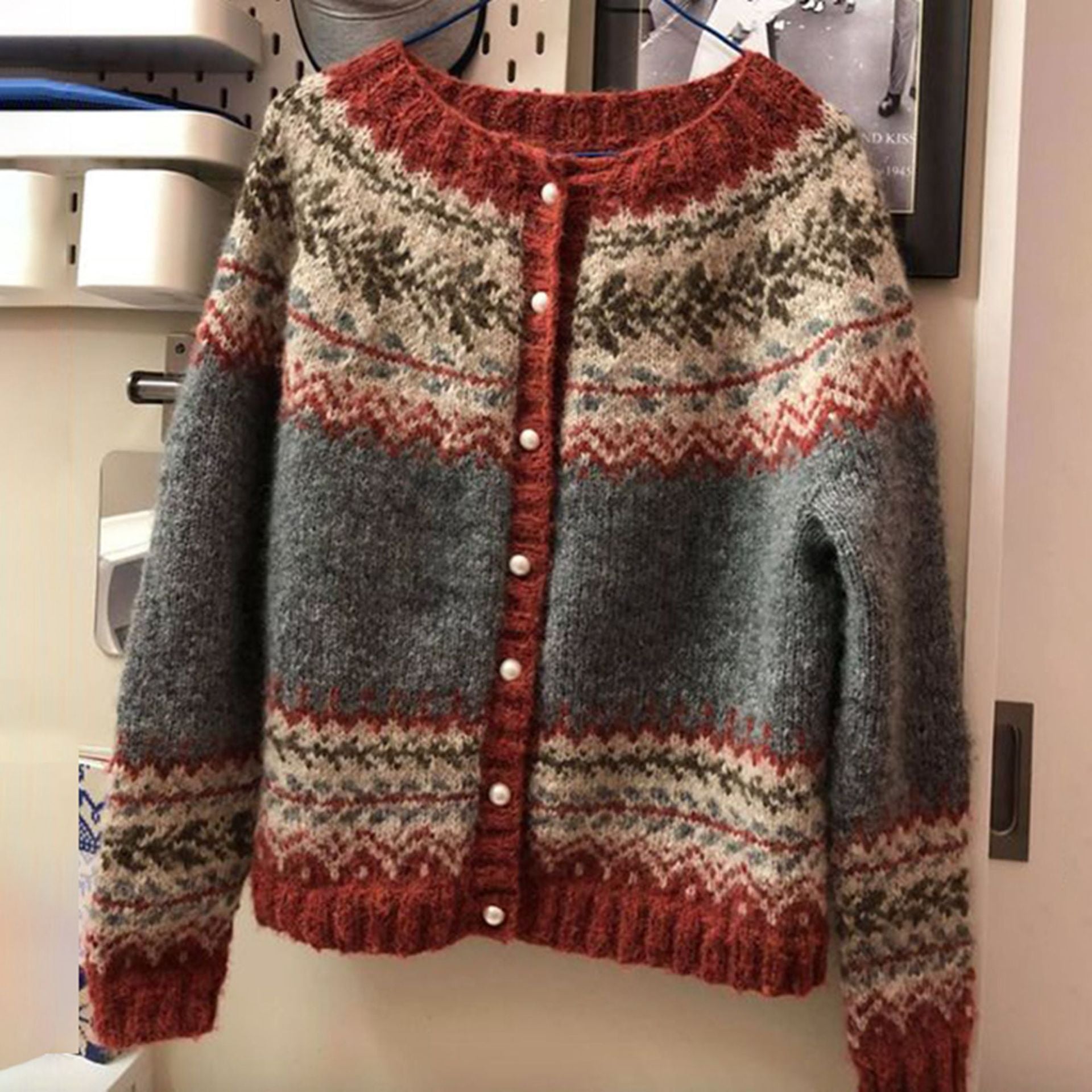 Women Cardigan | Norwegian Pattern Button Front Long Sleeve