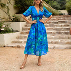Women Dress | V-Neck Midi Length with Puff Sleeves