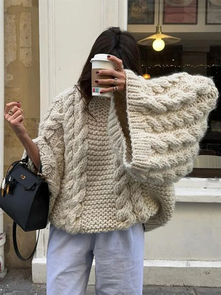 Women Sweater | Oversized Cable-Knit with Crew Neckline