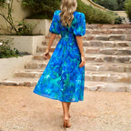 Women Dress | V-Neck Midi Length with Puff Sleeves