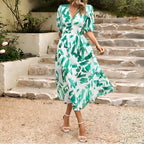 Women Dress | V-Neck Midi Length with Puff Sleeves
