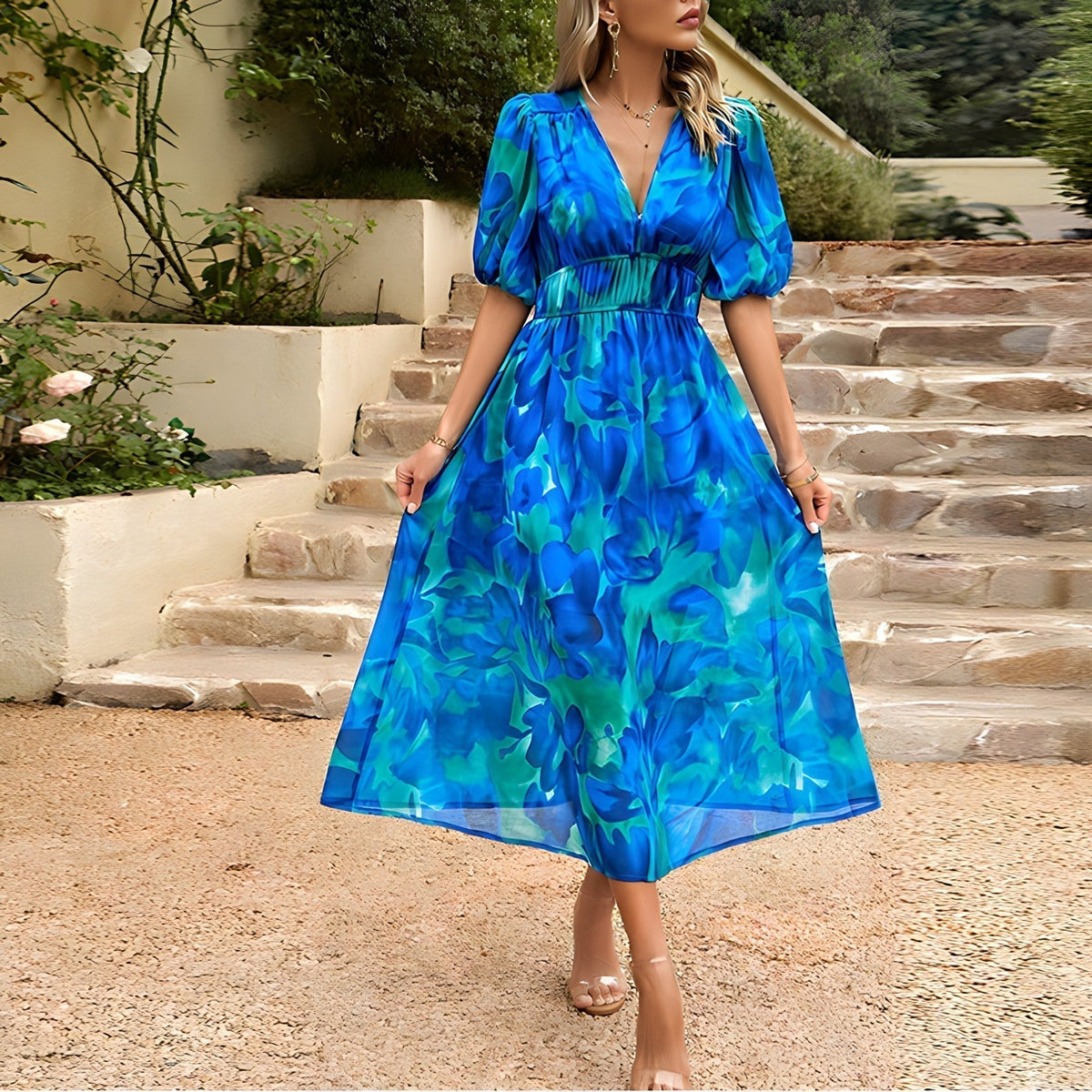 Women Dress | V-Neck Midi Length with Puff Sleeves