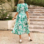 Women Dress | V-Neck Midi Length with Puff Sleeves