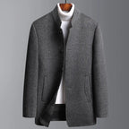Men Coat | Stand Collar Mid-Length Button Front Regular Fit