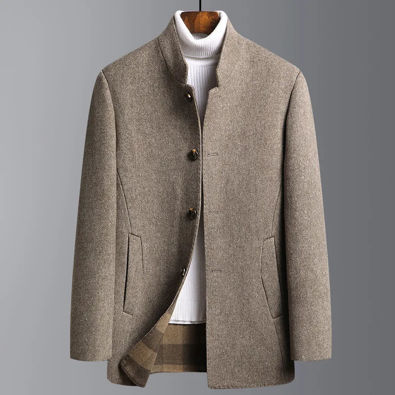 Men Coat | Stand Collar Mid-Length Button Front Regular Fit