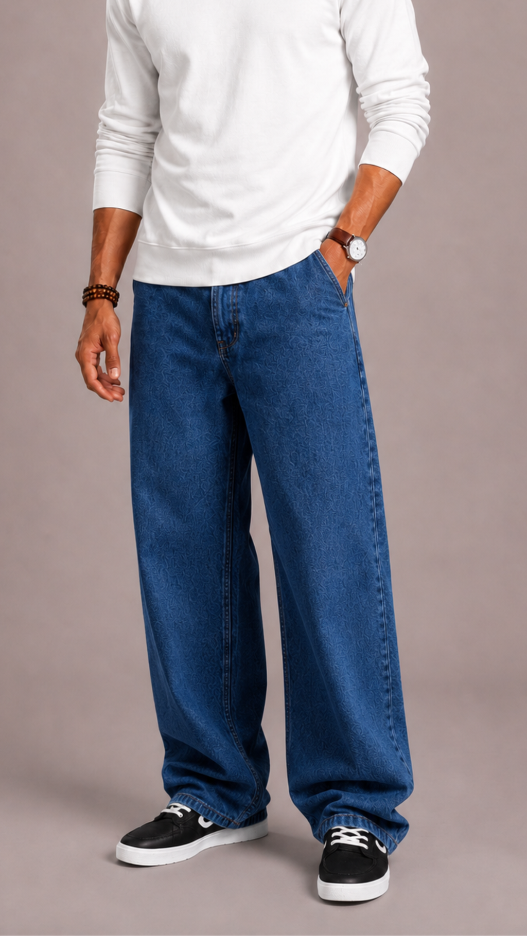 Men Jeans | Loose Fit Wide Leg with Zip and Button Fly