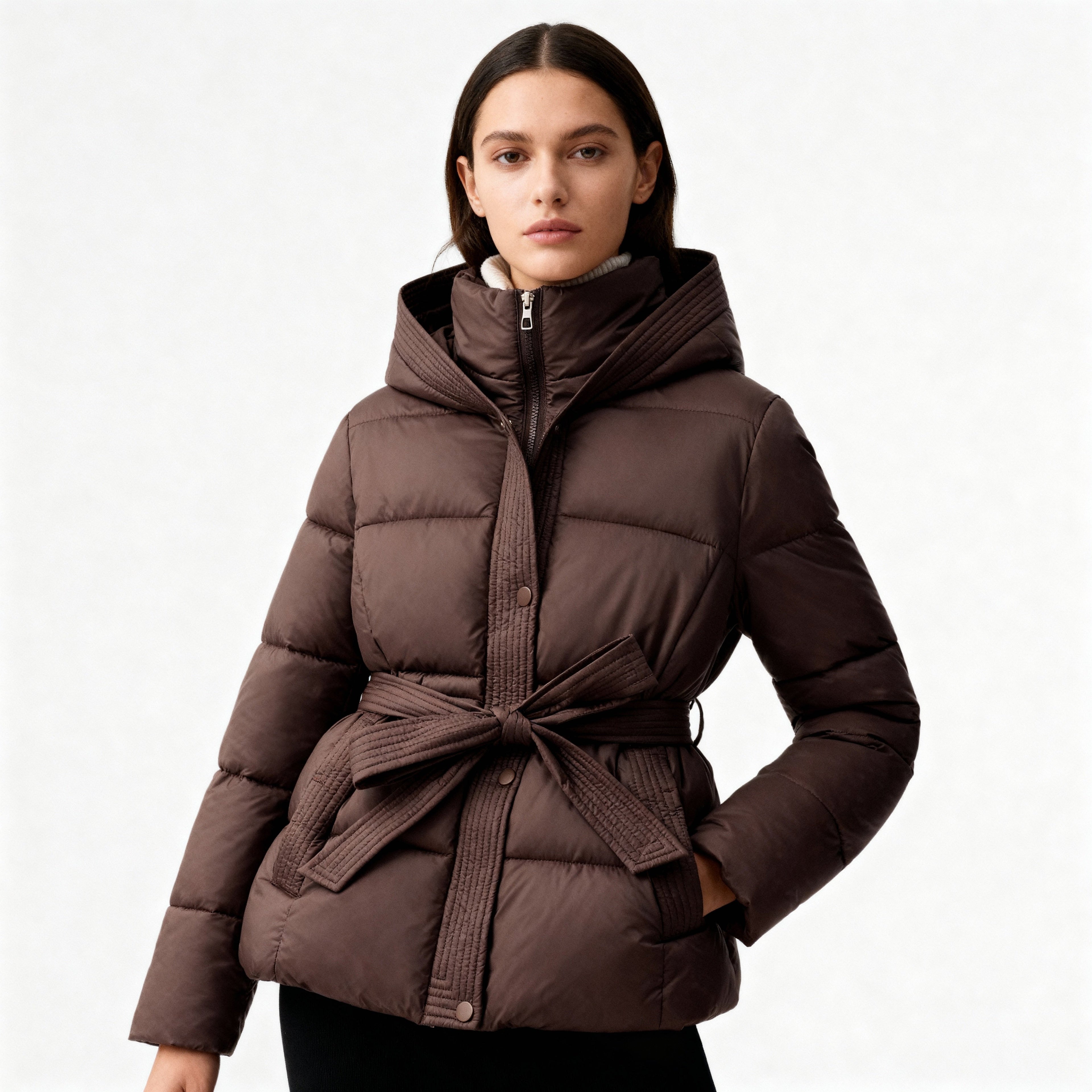 Women Coat | Quilted Belted Design with Attached Hood