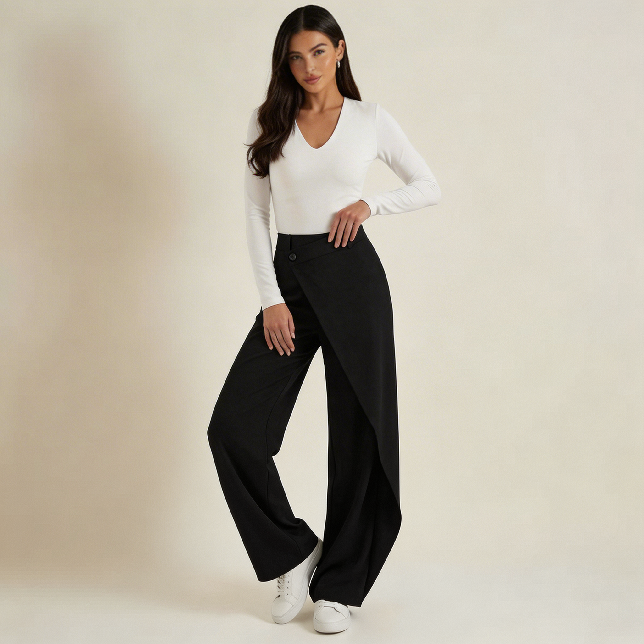 Trousers Women Wide Leg Asymmetrical Button Closure Fit