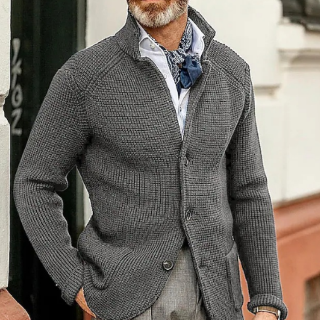 Men Cardigan | Button Front Ribbed Knit Full Length Fit