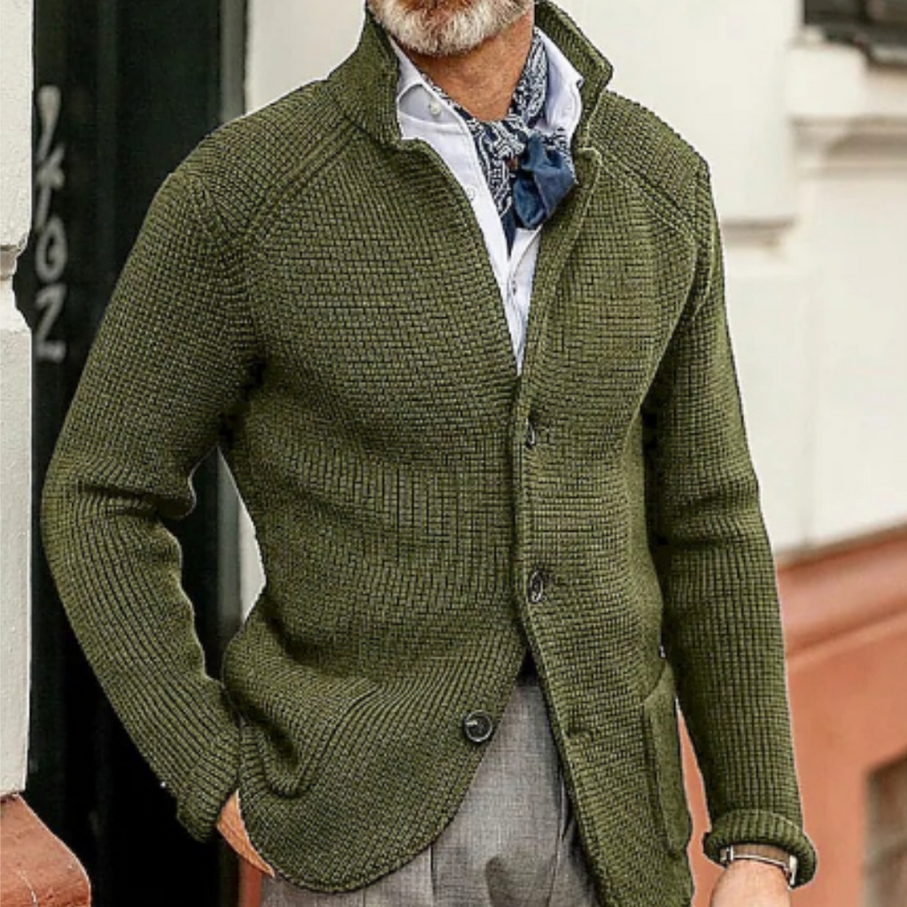 Men Cardigan | Button Front Ribbed Knit Full Length Fit