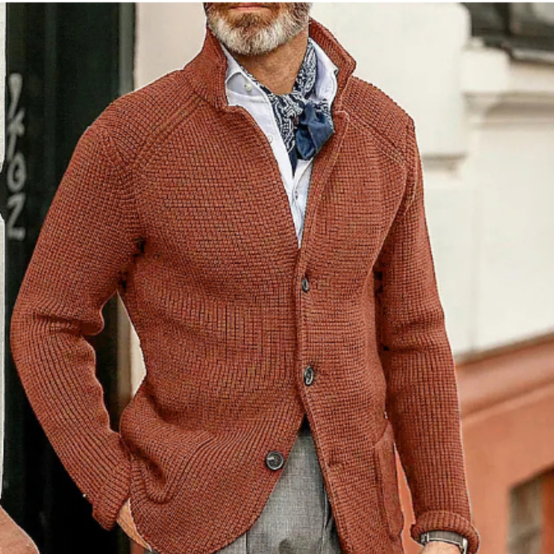 Men Cardigan | Button Front Ribbed Knit Full Length Fit
