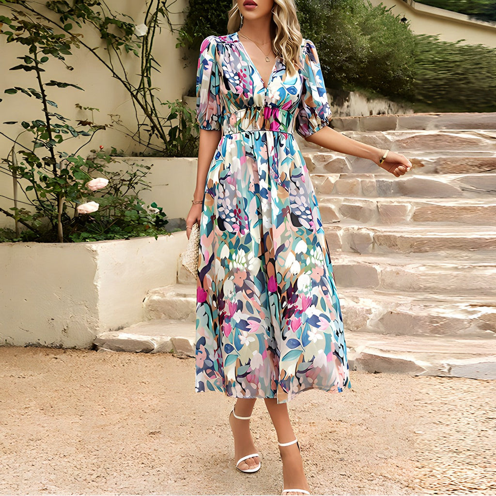 Women Dress | V-Neck Midi Length with Puff Sleeves