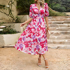 Women Dress | V-Neck Midi Length with Puff Sleeves