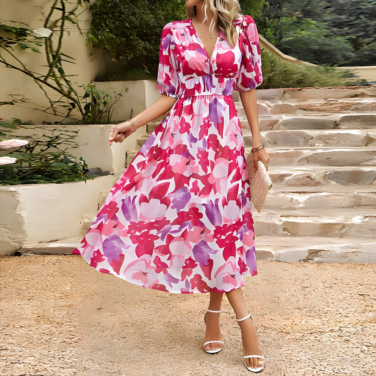 Women Dress | V-Neck Midi Length with Puff Sleeves