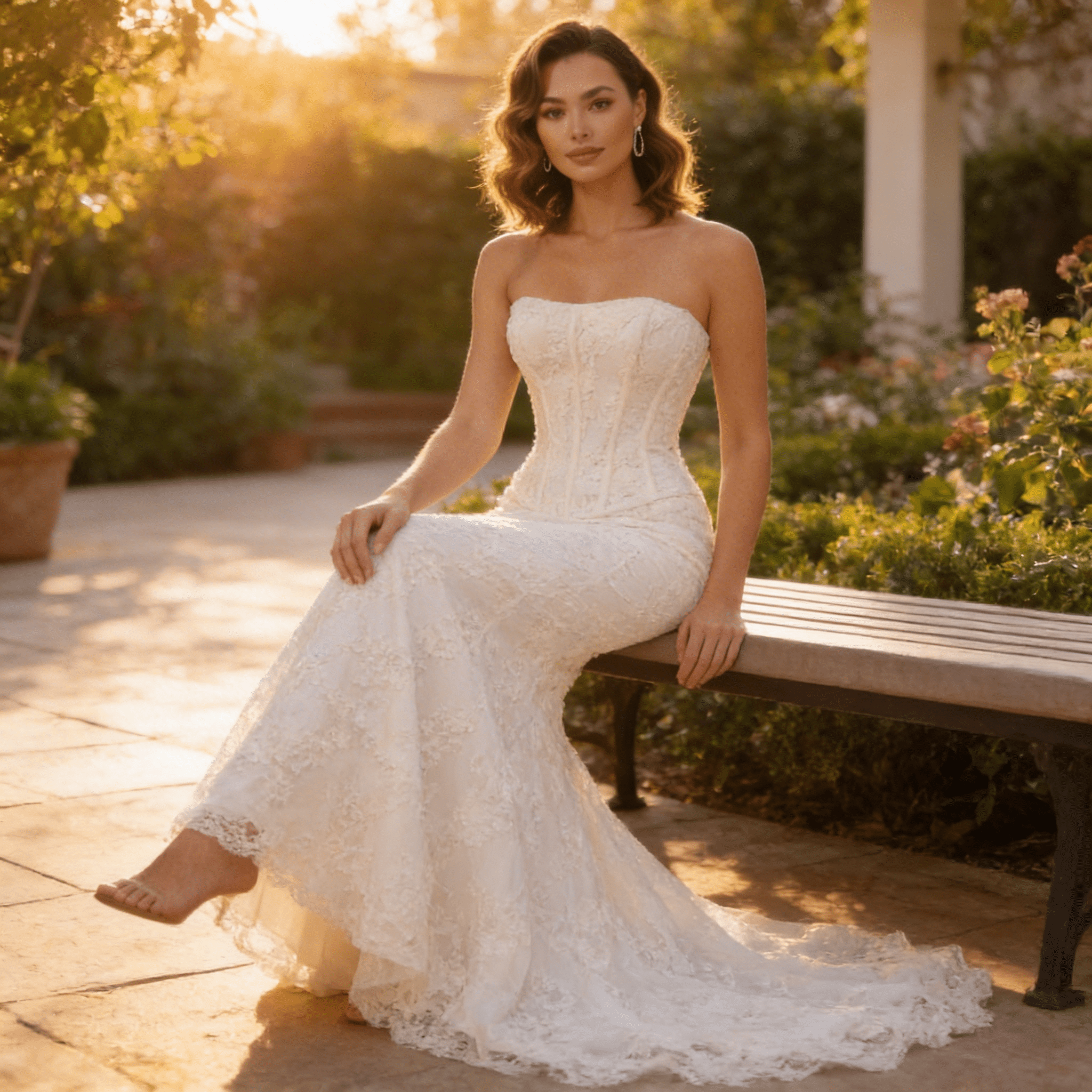 Woman in a white lace dress sitting on a bench outdoors with sunlight filtering through.