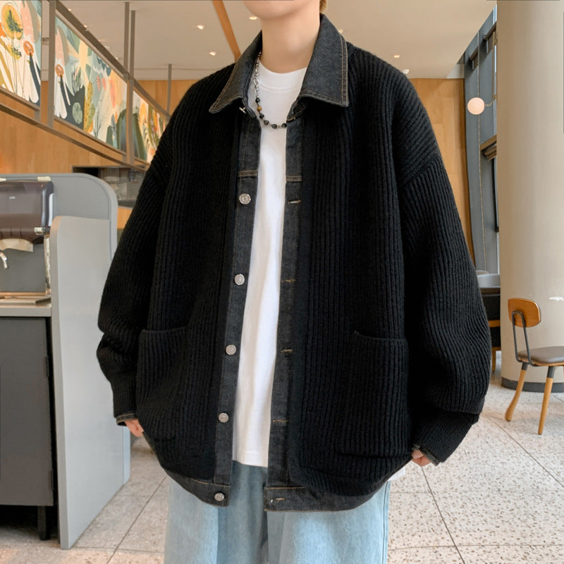 Men Cardigan | Ribbed Knit with Denim Trim and Button Front