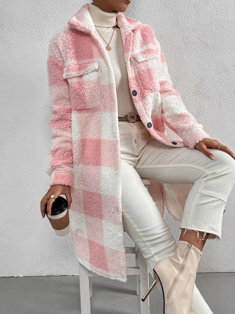 Women Coat | Longline Check Teddy with Button Front