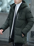 Men Puffer Jacket | Hooded Mid-Length with Zip Pockets