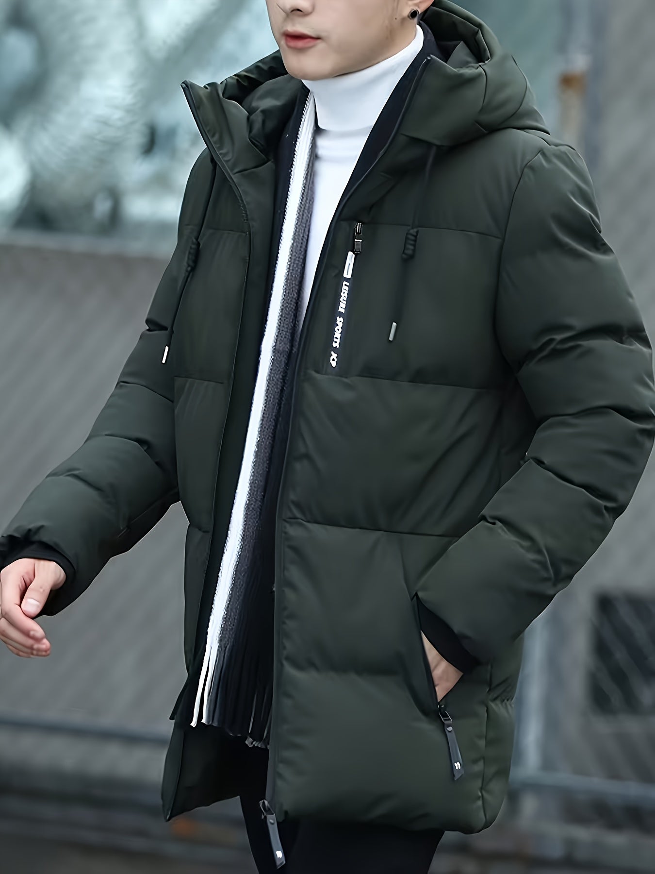 Men Puffer Jacket | Hooded Mid-Length with Zip Pockets