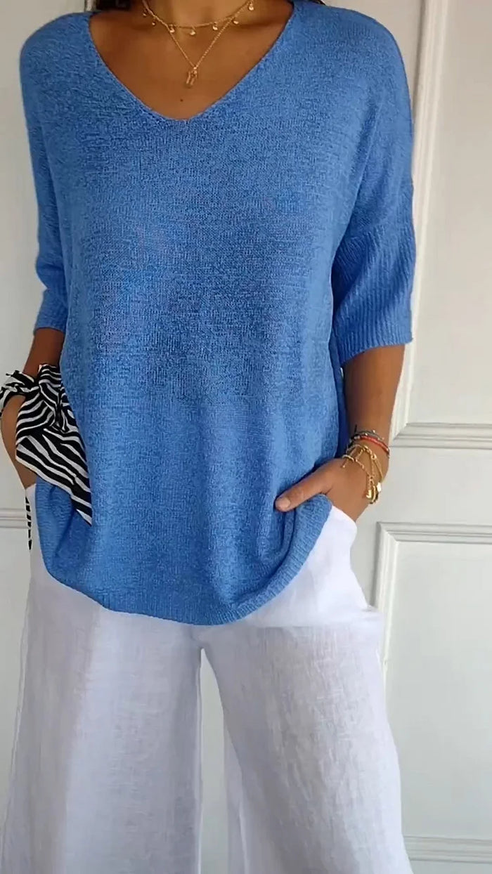 Women Sweater | Ribbed V-Neck Pullover with Long Sleeves