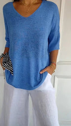 Women Sweater | Ribbed V-Neck Pullover with Long Sleeves