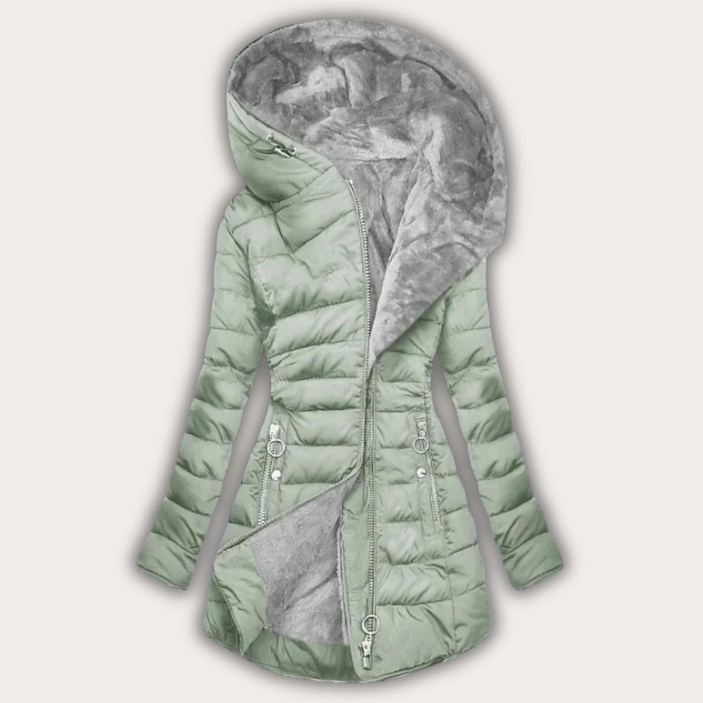 Women Puffer Jacket | Asymmetric Zip Hood and Drawstring Waist