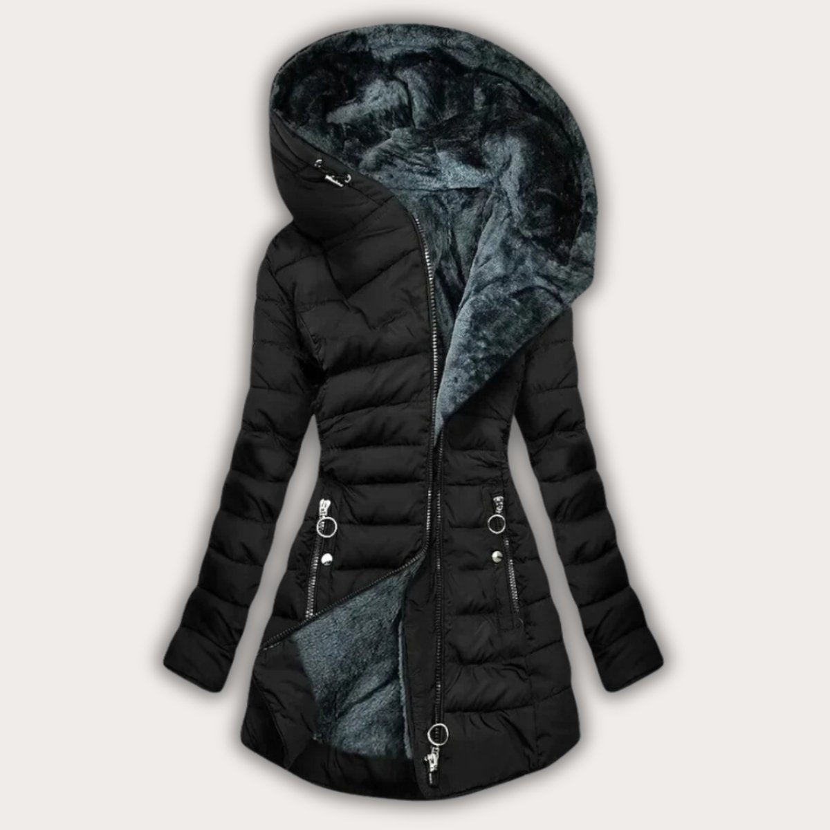 Women Puffer Jacket | Asymmetric Zip Hood and Drawstring Waist