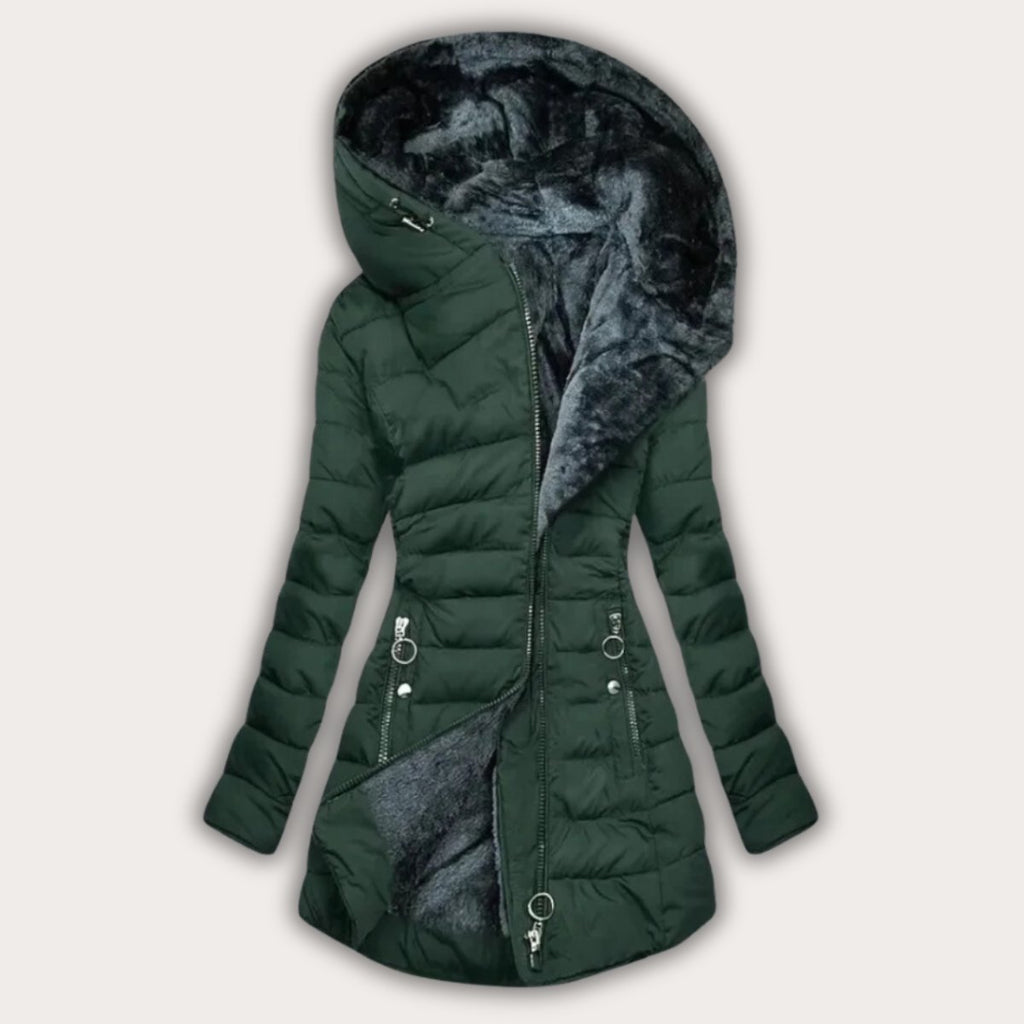 Women Puffer Jacket | Asymmetric Zip Hood and Drawstring Waist
