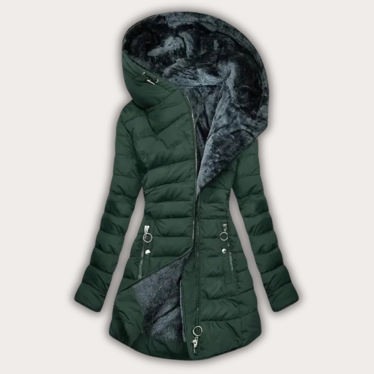 Women Puffer Jacket | Asymmetric Zip Hood and Drawstring Waist