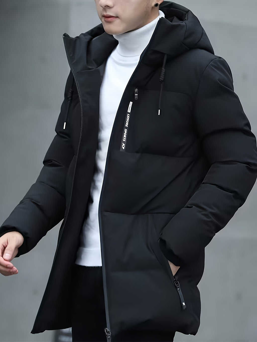 Men Puffer Jacket | Hooded Mid-Length with Zip Pockets