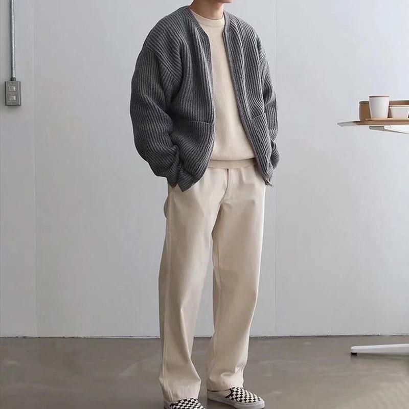 Men Cardigan | Zip-Up Crew Neck Ribbed Knit with Pockets
