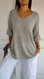 Women Sweater | Ribbed V-Neck Pullover with Long Sleeves