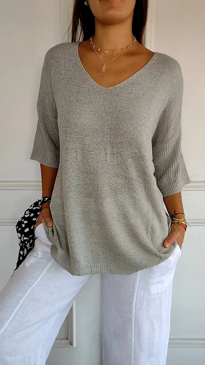 Women Sweater | Ribbed V-Neck Pullover with Long Sleeves