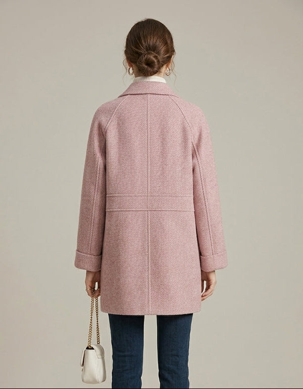 Women Coat | Double-Breasted Herringbone with Patch Pockets