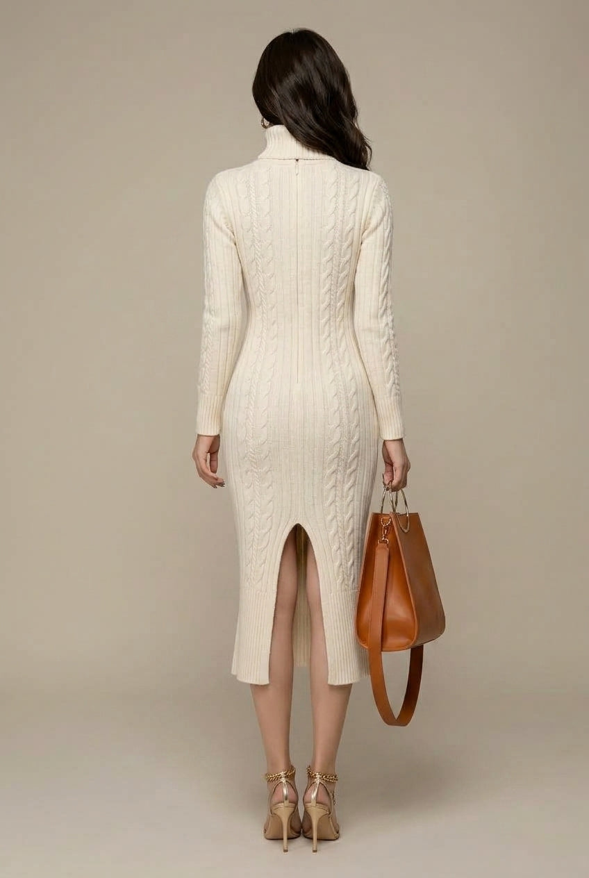 Women Dress | Cable Knit Turtleneck Bodycon Midi Length