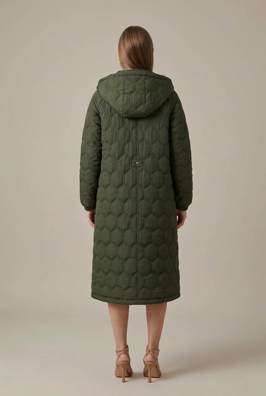 Women Coat | Relaxed Longline Fit with Plaid Hood Detail