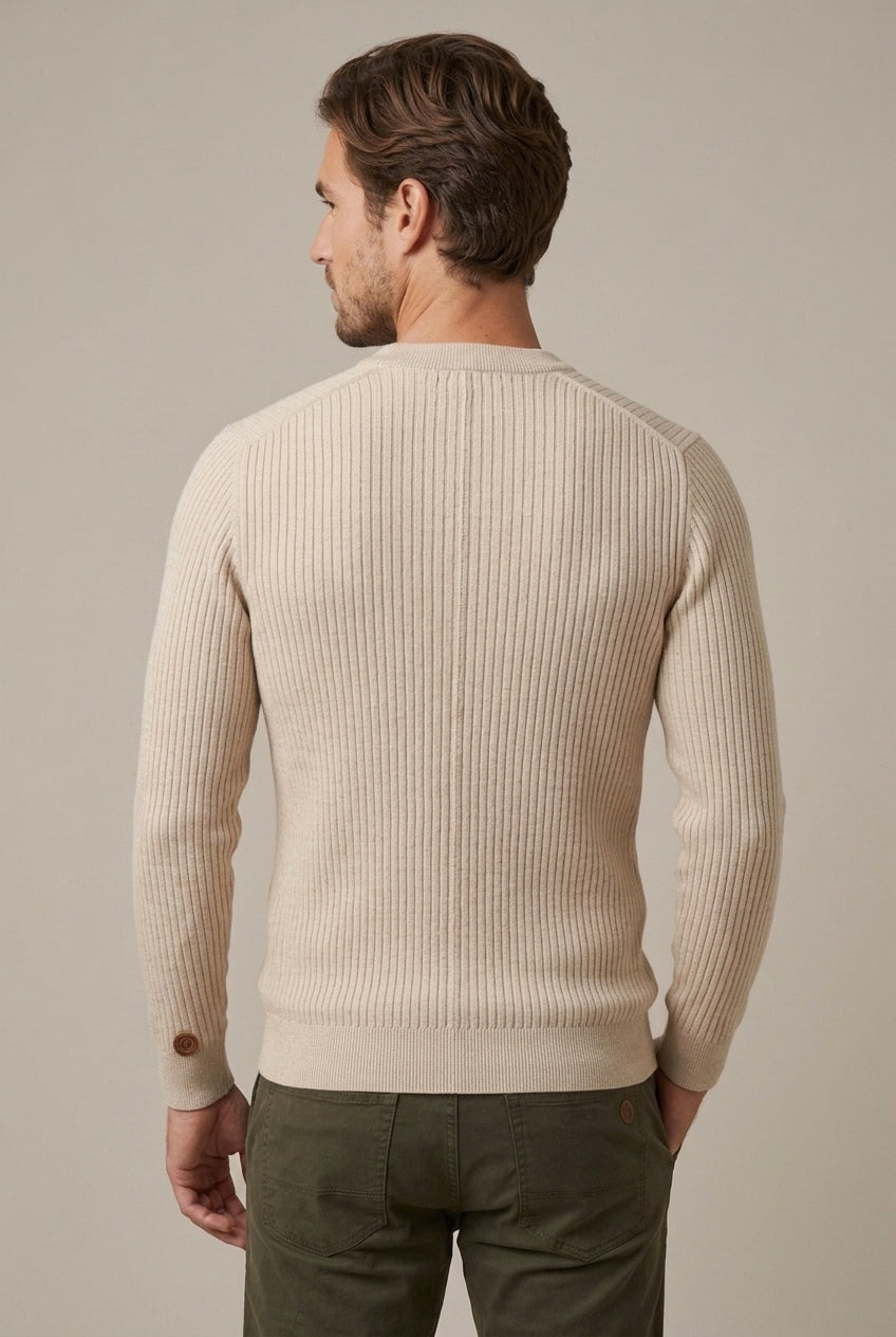Men Sweater | Henley Neck Ribbed Knit Long Sleeve Fitted