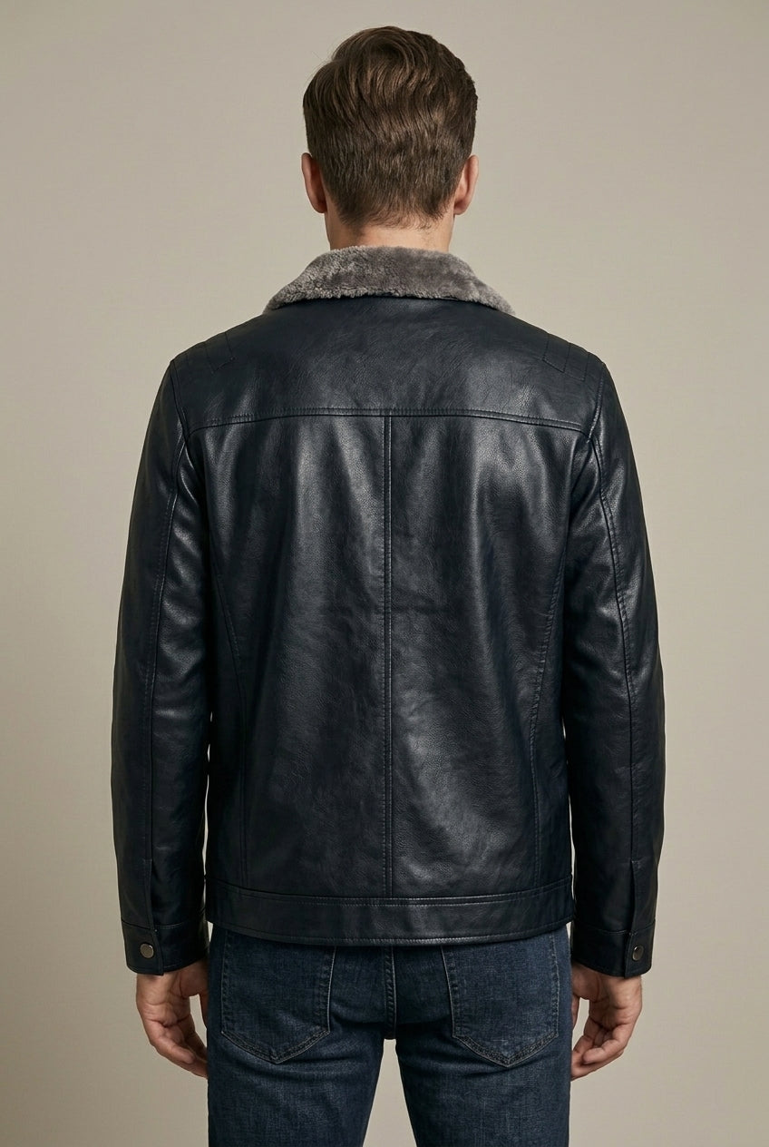 Men Jacket | Faux Leather Biker with Fleece-Lined Interior