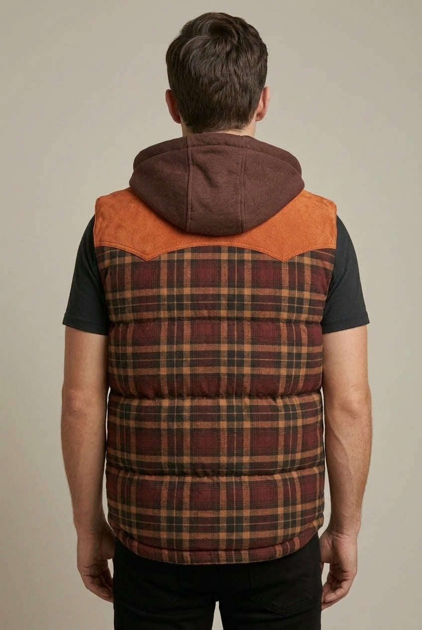 Men Cardigan | Quilted Hooded Vest with Plaid Colour Block