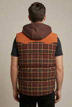 Men Cardigan | Quilted Hooded Vest with Plaid Colour Block