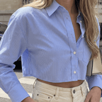 Blouse Women Cropped Length Collared Striped Pattern - Evergreen Outfits - Women Blouse