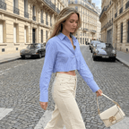 Blouse Women Cropped Length Collared Striped Pattern - Evergreen Outfits - Women Blouse