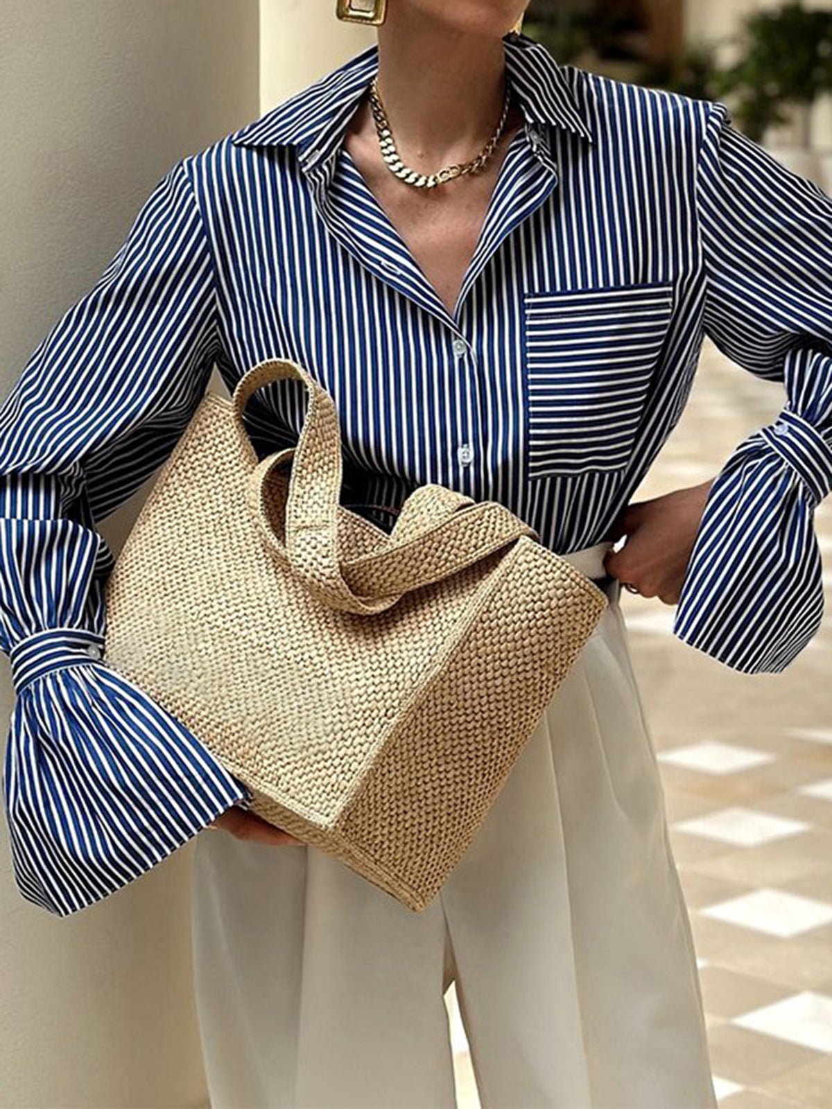 Blouse Women Flared Sleeve Striped Pattern Design - Evergreen Outfits - Women Blouse