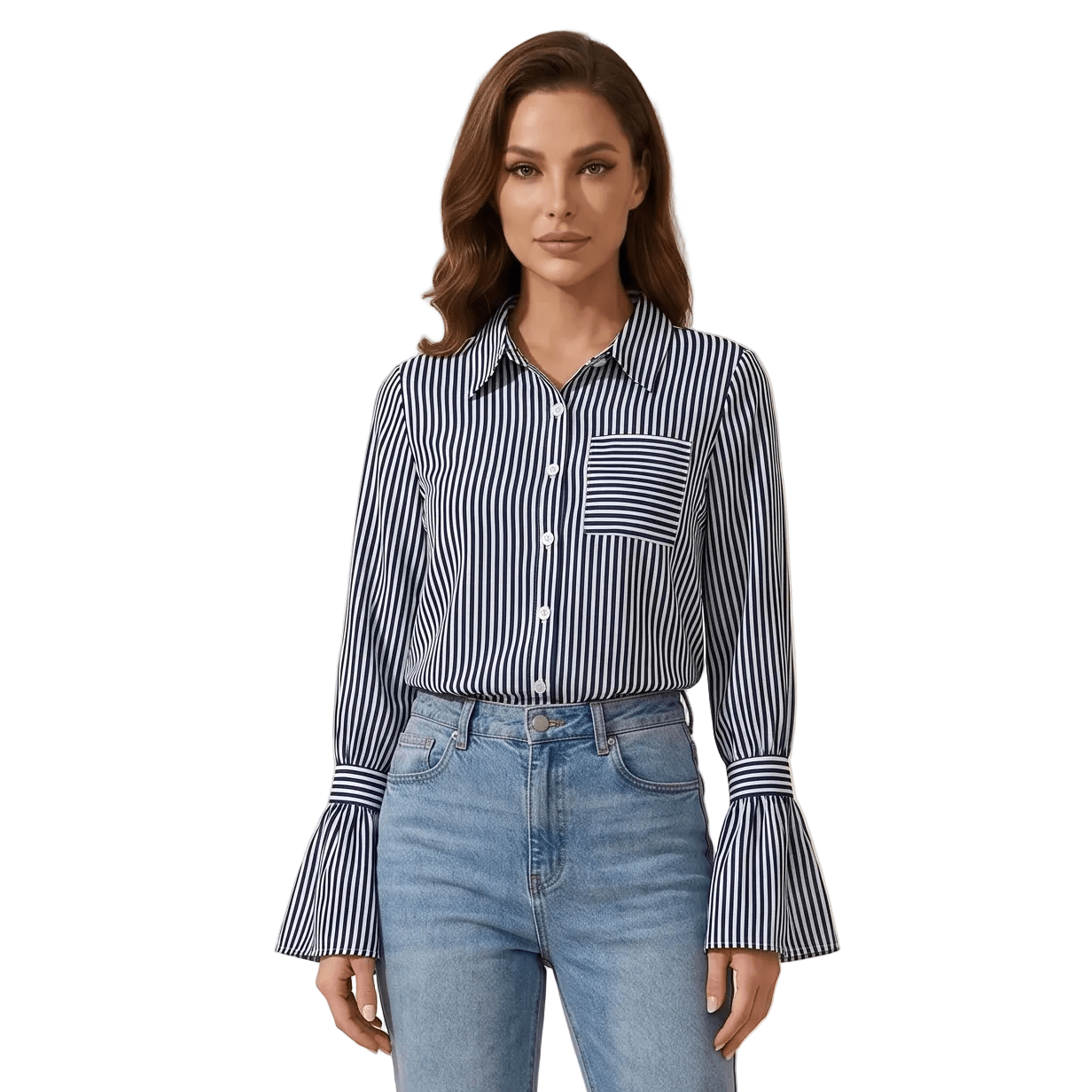 Blouse Women Flared Sleeve Striped Pattern Design - Evergreen Outfits - Women Blouse